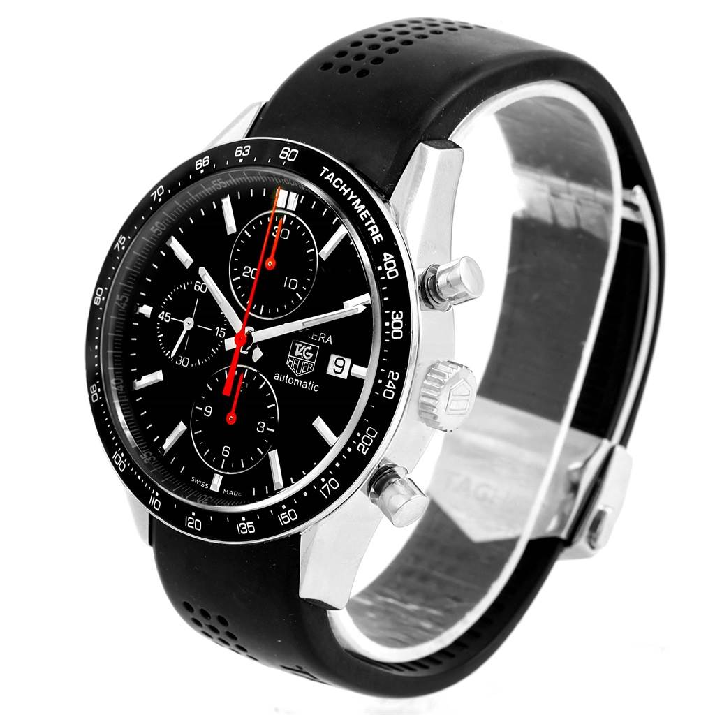 The image shows a Tag Heuer Carrera CV2014 Men's Stainless Steel Black Dial CV2014 Men's Stainless Steel Black Dial watch at a three-quarter angle, highlighting the watch face, tachymeter bezel, pushers, and a rubber strap.