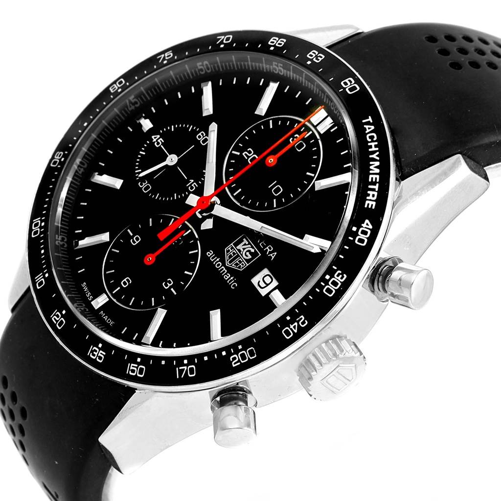 The image shows a close-up angle of the Tag Heuer Carrera CV2014 Men's Stainless Steel Black Dial CV2014 Men's Stainless Steel Black Dial watch with visible dial, bezel, crown, and pushers.