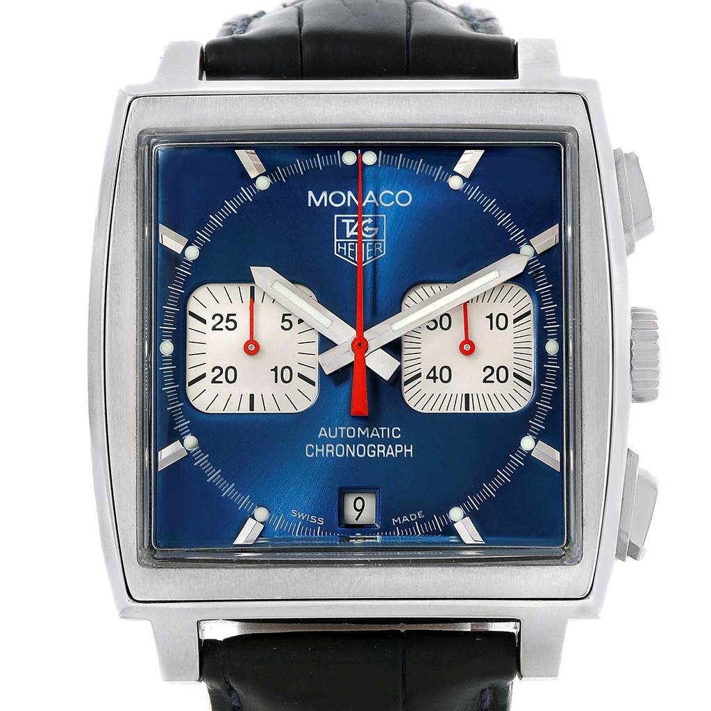 The straight-on view of the Tag Heuer Monaco CW2113 Men
s Stainless Steel Blue Dial CW2113 Men
s Stainless Steel Blue Dial model shows the watch face, including subdials, hands, and the date window.