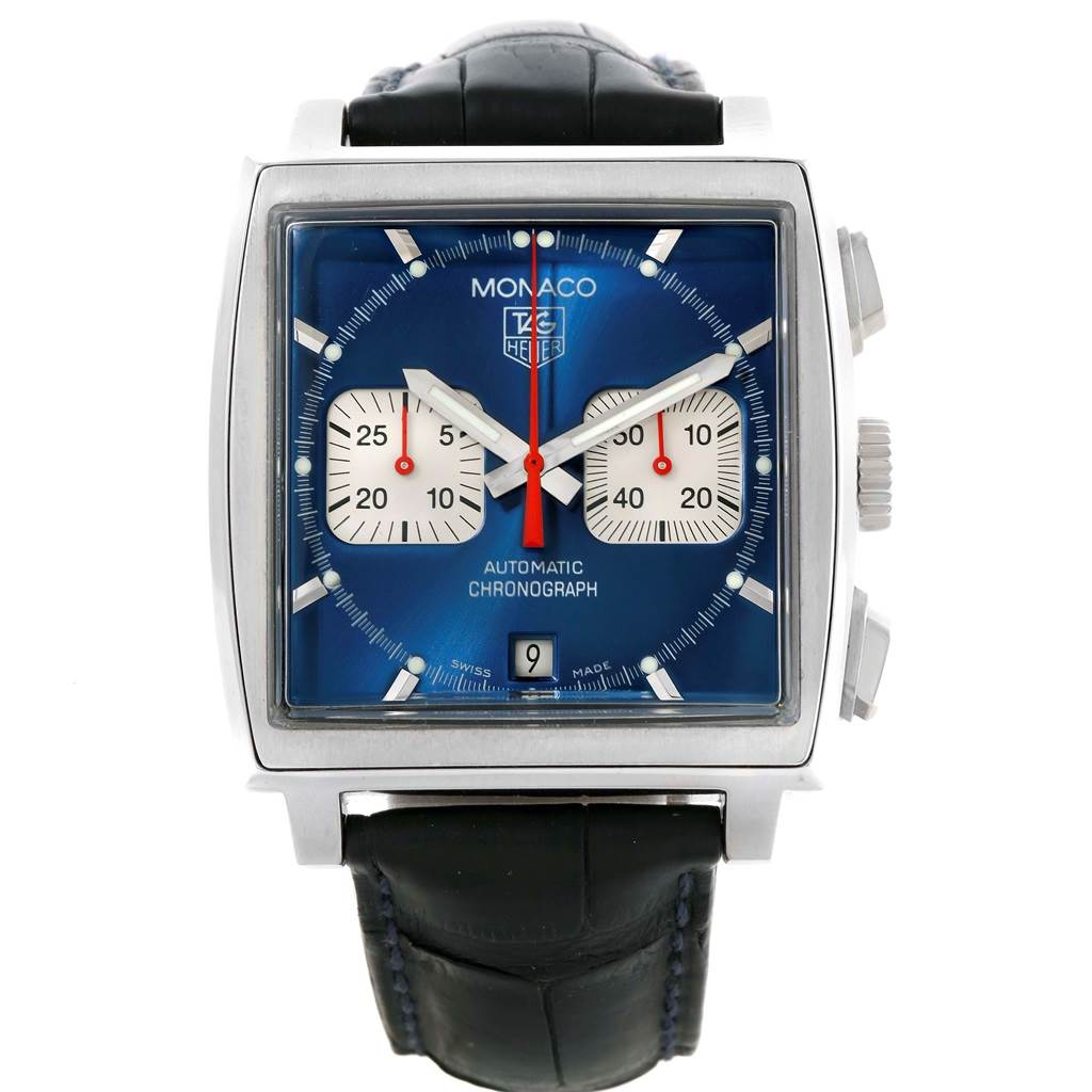 The image shows a front view of a Tag Heuer Monaco CW2113 Men
s Stainless Steel Blue Dial CW2113 Men
s Stainless Steel Blue Dial watch with a blue dial and square case.