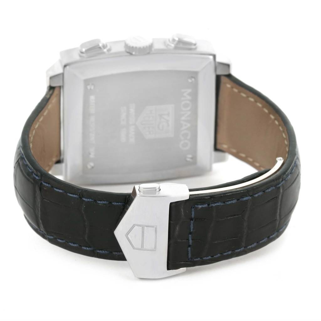 This image shows the back case and clasp of a Tag Heuer Monaco CW2113 Men
s Stainless Steel Blue Dial CW2113 Men
s Stainless Steel Blue Dial model watch.
