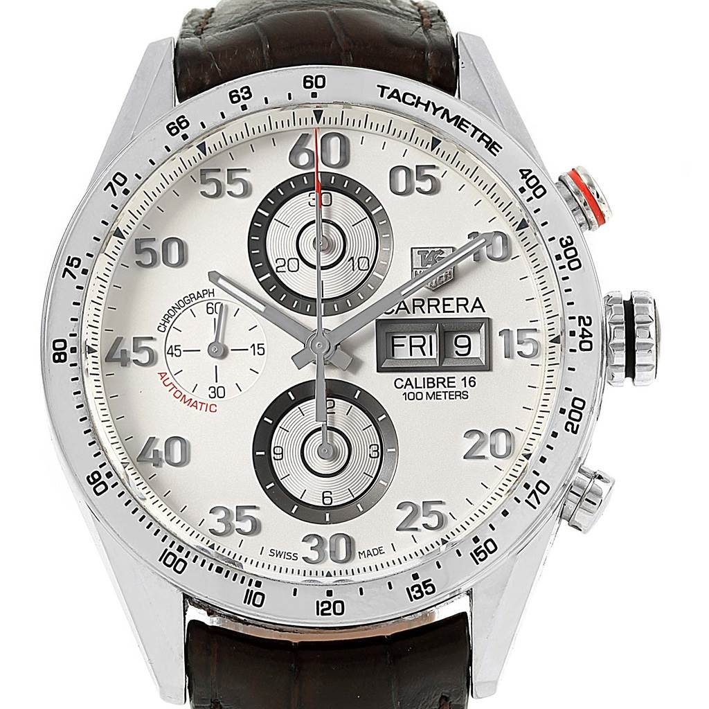 The image shows the face of a Tag Heuer Carrera CV2A11 Men's Stainless Steel Silver Dial CV2A11 Men's Stainless Steel Silver Dial watch, featuring a tachymeter scale, chronograph subdials, and a date window.