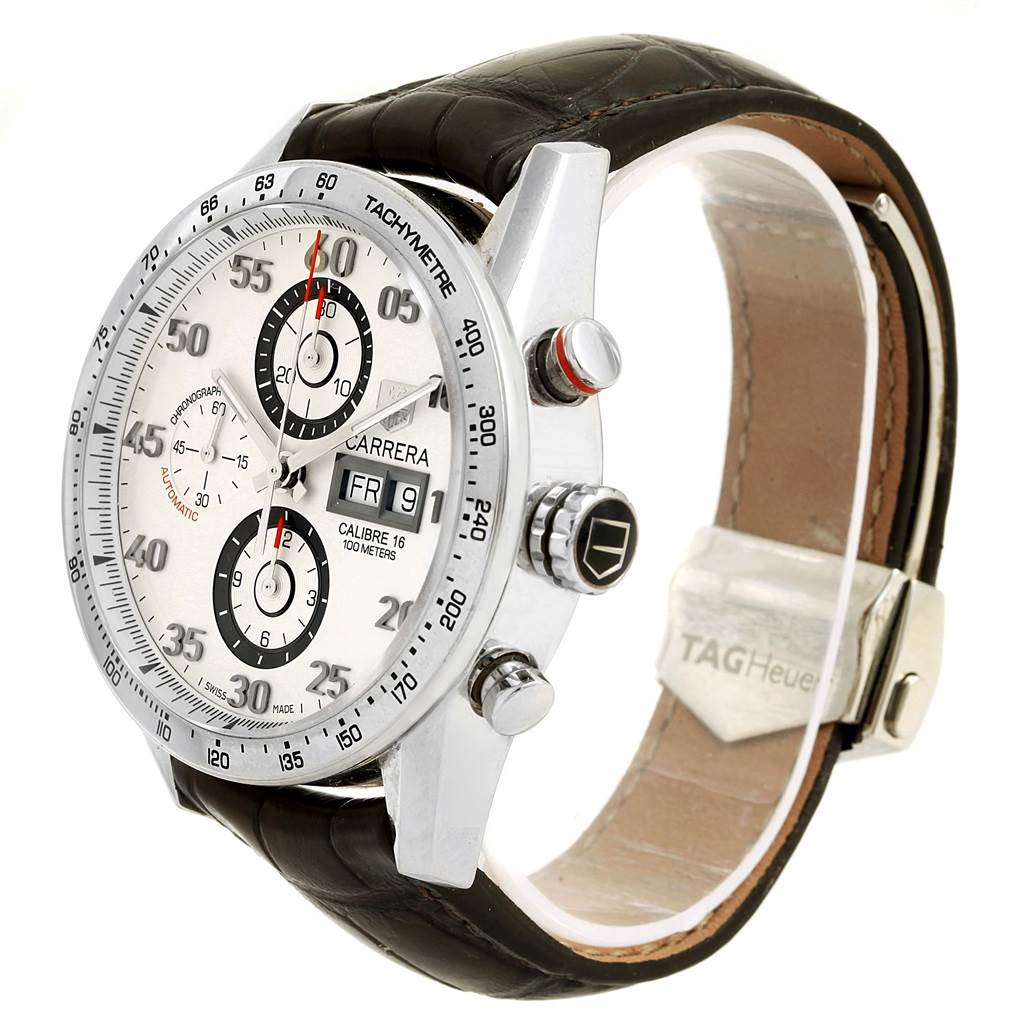 The image shows a side angle of a Tag Heuer Carrera CV2A11 Men's Stainless Steel Silver Dial CV2A11 Men's Stainless Steel Silver Dial watch, highlighting its face, chronograph dials, crown, and leather strap.