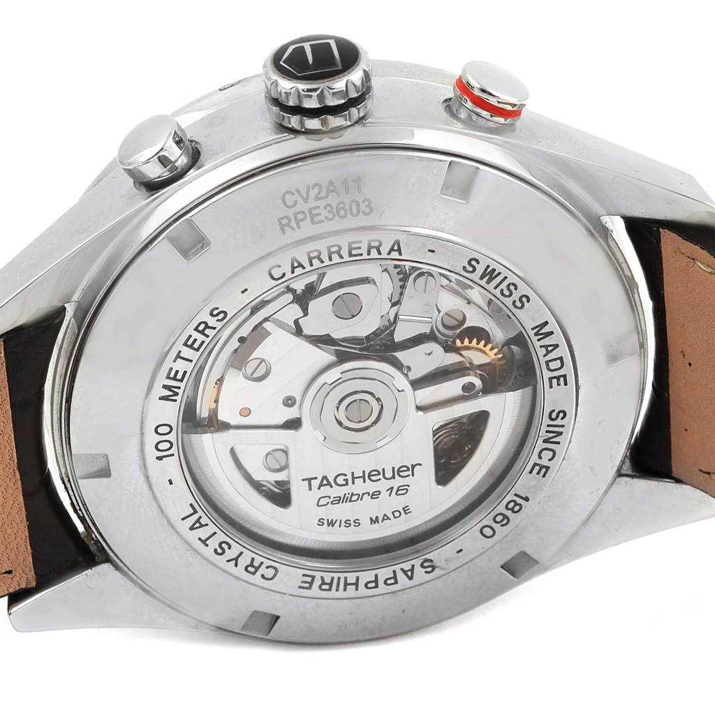 This image shows the back view of a Tag Heuer Carrera CV2A11 Men's Stainless Steel Silver Dial CV2A11 Men's Stainless Steel Silver Dial watch, displaying its inner mechanics and the leather strap.