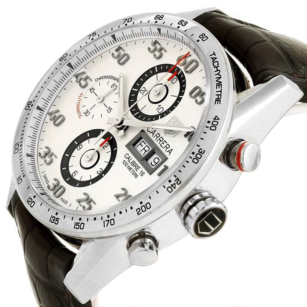 This image shows a close-up angle of the Tag Heuer Carrera CV2A11 Men's Stainless Steel Silver Dial CV2A11 Men's Stainless Steel Silver Dial watch, highlighting the face, bezel, and side pushers.