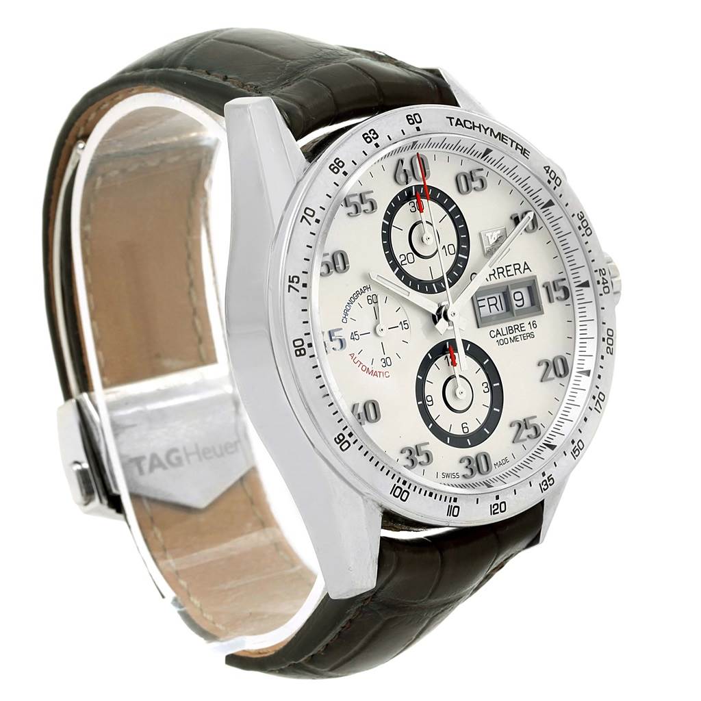 This image shows a Tag Heuer Carrera CV2A11 Men's Stainless Steel Silver Dial CV2A11 Men's Stainless Steel Silver Dial watch at a slight side angle, highlighting its dial, bezel, and leather strap.