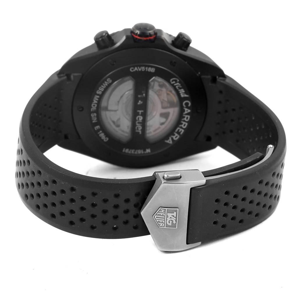 This image shows the back case and rubber strap of a Tag Heuer Carrera CAV518B.FT6016 Men's Stainless Steel Black Dial CAV518B.FT6016 Men's Stainless Steel Black Dial watch with a focus on the clasp.