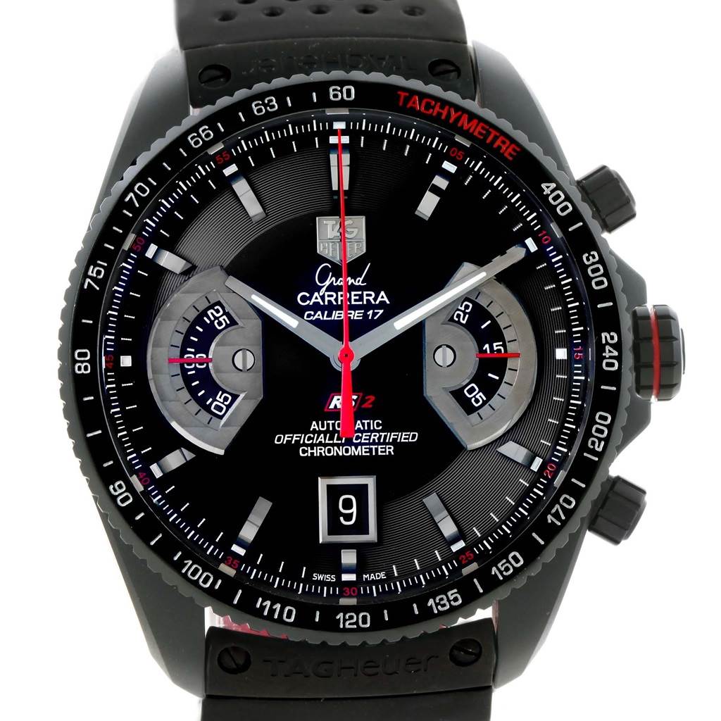This image shows a Tag Heuer Carrera CAV518B.FT6016 Men's Stainless Steel Black Dial CAV518B.FT6016 Men's Stainless Steel Black Dial watch, model Calibre 17, from a front angle, displaying its intricate dial and tachymeter bezel.