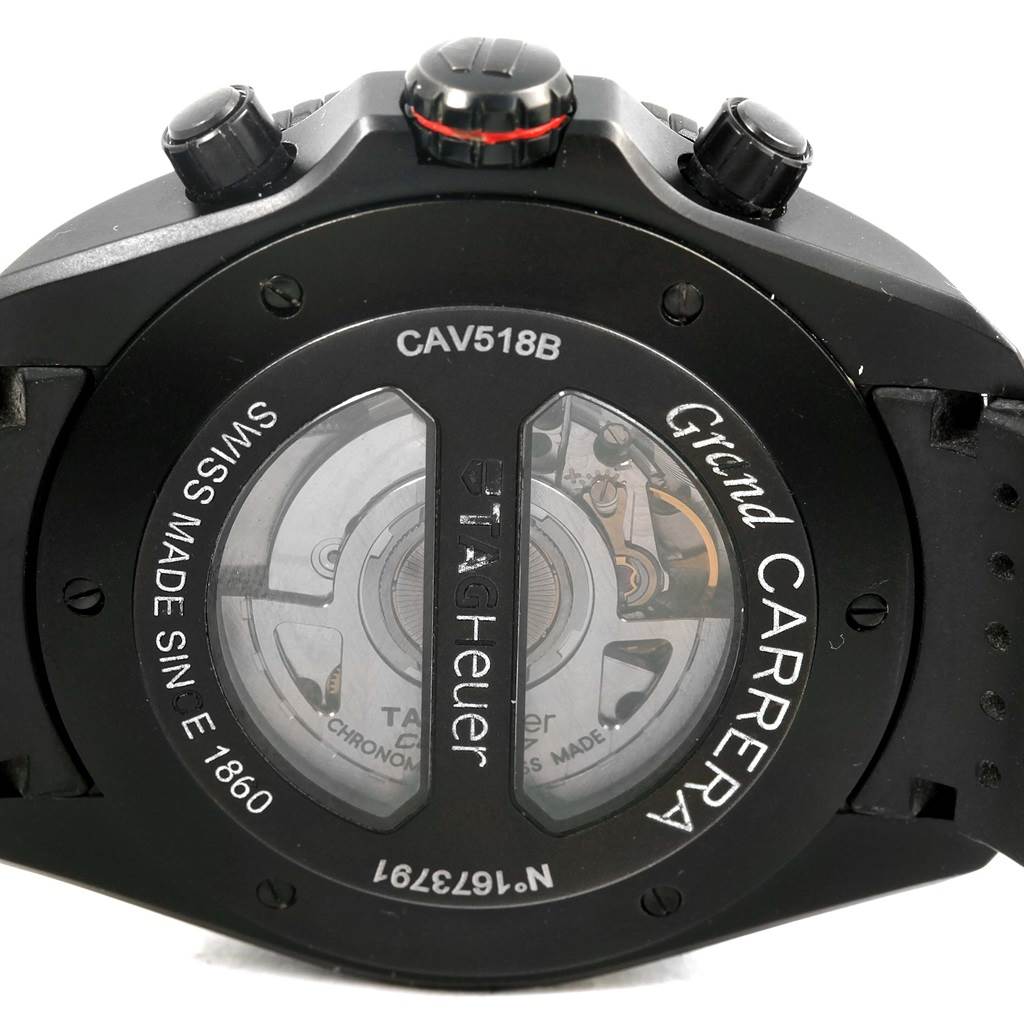 The image shows the back case of a Tag Heuer Carrera CAV518B.FT6016 Men's Stainless Steel Black Dial CAV518B.FT6016 Men's Stainless Steel Black Dial model, displaying its mechanics and engravings.