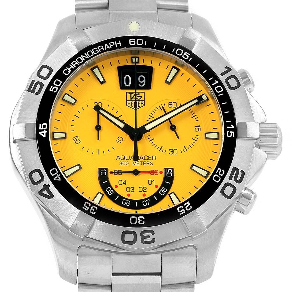 The Tag Heuer Aquaracer CAF101D.BA0821 Men's Stainless Steel Yellow Dial CAF101D.BA0821 Men's Stainless Steel Yellow Dial watch is shown from a front angle, displaying its yellow dial, subdials, and bezel markings.