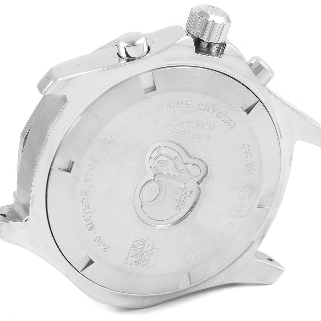 The image shows the back casing and crown of a Tag Heuer Aquaracer CAF101D.BA0821 Men's Stainless Steel Yellow Dial CAF101D.BA0821 Men's Stainless Steel Yellow Dial watch.