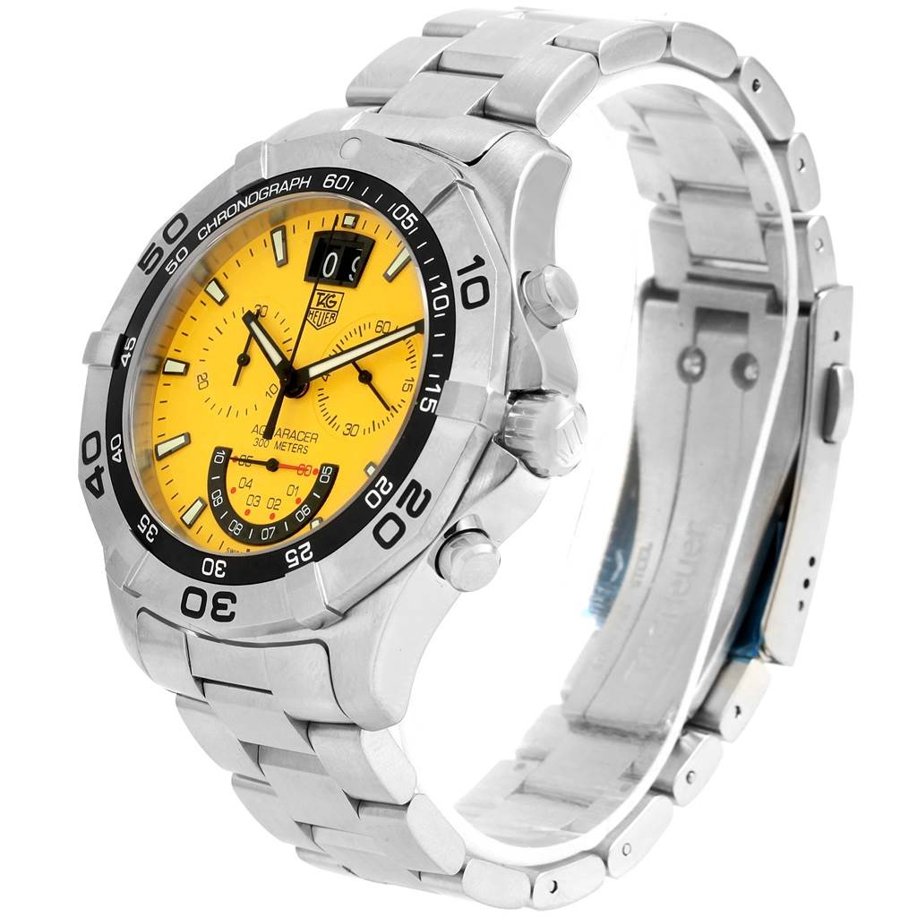 The image shows a Tag Heuer Aquaracer CAF101D.BA0821 Men's Stainless Steel Yellow Dial CAF101D.BA0821 Men's Stainless Steel Yellow Dial watch at a three-quarter angle, highlighting its yellow dial, bezel, and metal bracelet.