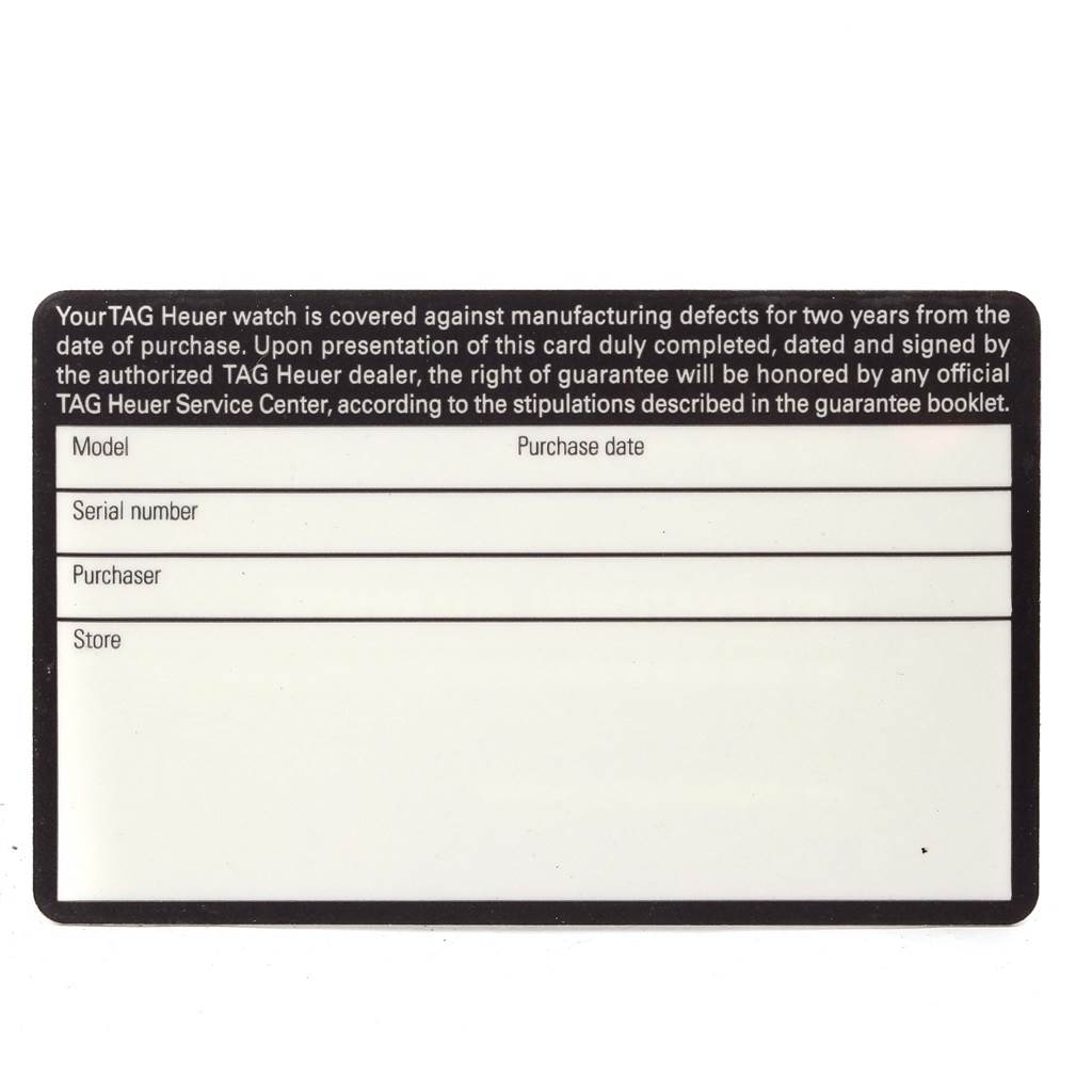 This image shows a warranty card for a Tag Heuer Aquaracer CAF101D.BA0821 Men's Stainless Steel Yellow Dial CAF101D.BA0821 Men's Stainless Steel Yellow Dial watch, viewed from a top-down angle.