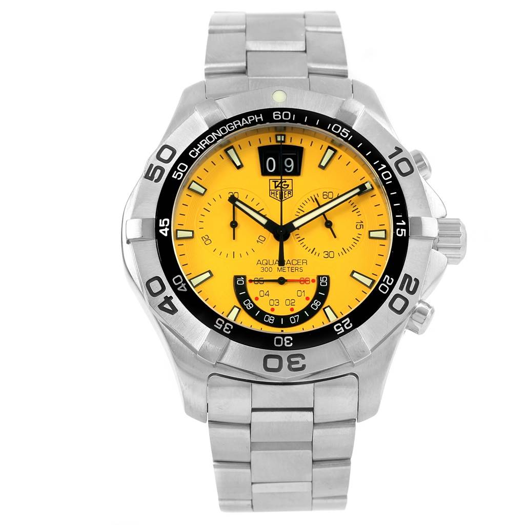 The image shows a front view of a Tag Heuer Aquaracer CAF101D.BA0821 Men's Stainless Steel Yellow Dial CAF101D.BA0821 Men's Stainless Steel Yellow Dial watch with a yellow dial and a stainless steel bracelet.