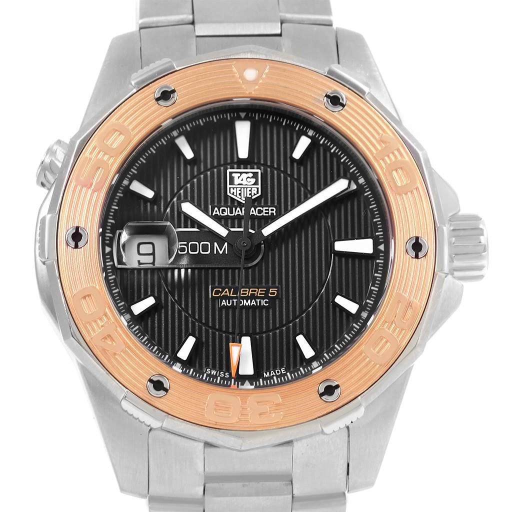 The image shows a front view of a Tag Heuer Aquaracer WAJ2150 Men's Stainless Steel Black Dial WAJ2150 Men's Stainless Steel Black Dial watch, highlighting its face, bezel, and crown.