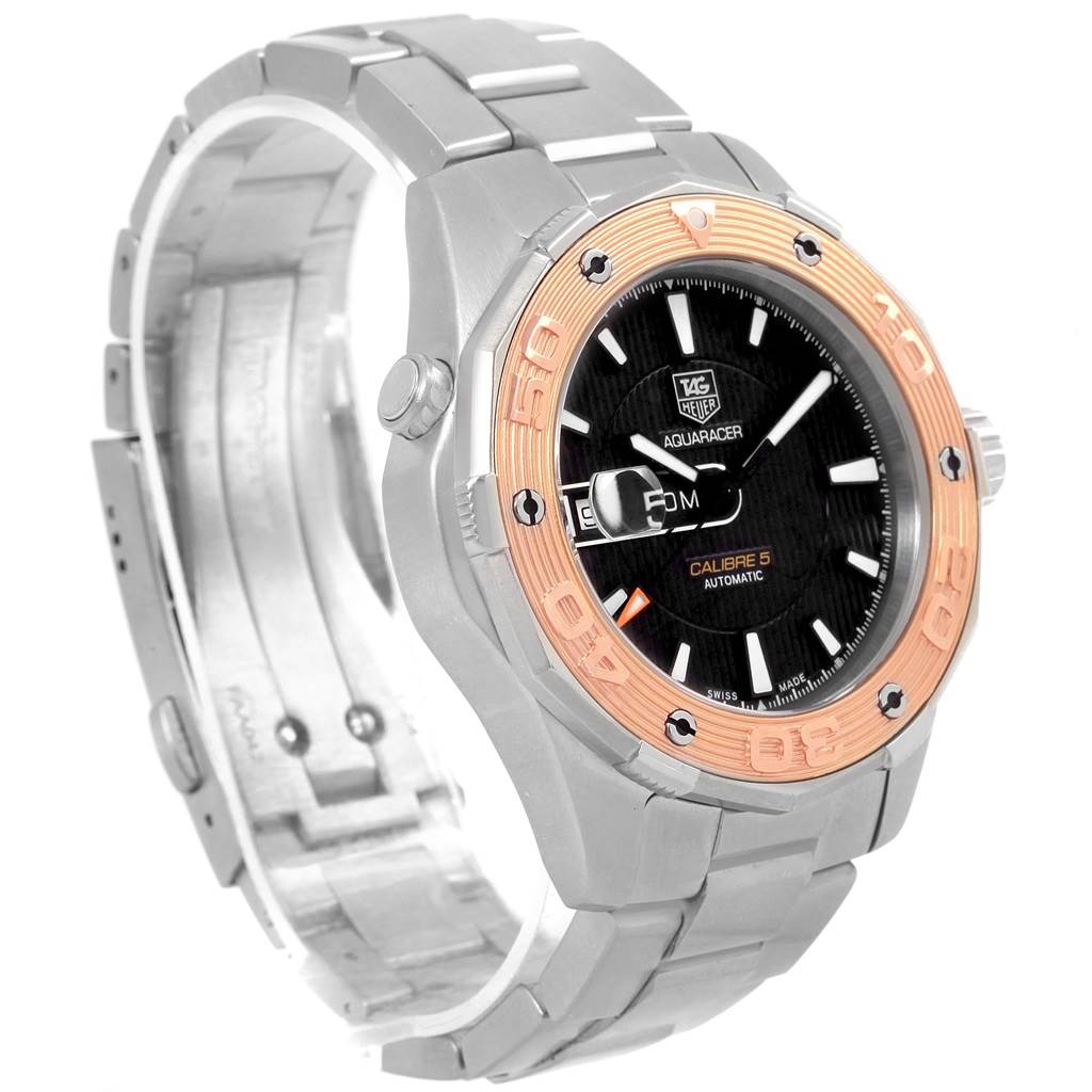 The image shows a Tag Heuer Aquaracer WAJ2150 Men's Stainless Steel Black Dial WAJ2150 Men's Stainless Steel Black Dial watch at a slight angle highlighting its bezel, dial, and metallic bracelet.