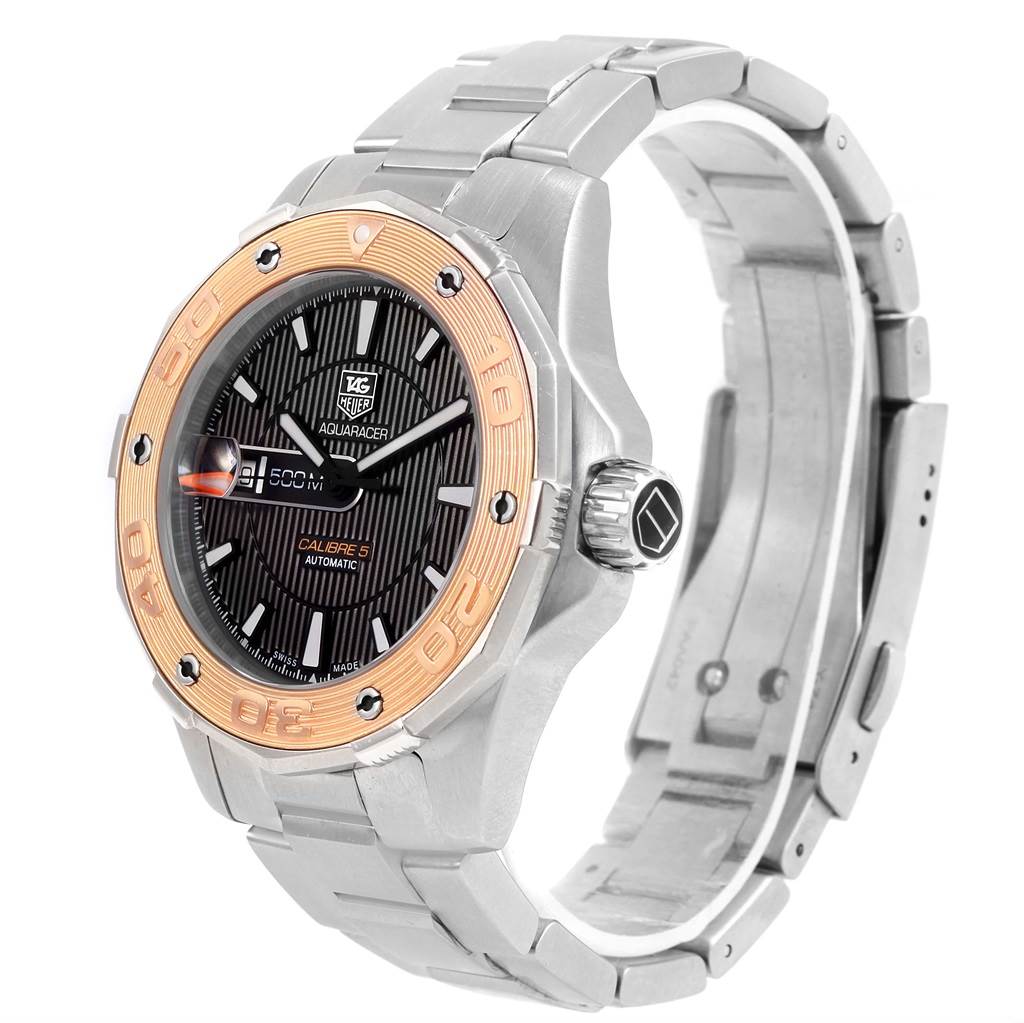 The image shows a side angle of a Tag Heuer Aquaracer WAJ2150 Men's Stainless Steel Black Dial WAJ2150 Men's Stainless Steel Black Dial with visible bezel, dial, crown, and bracelet links.