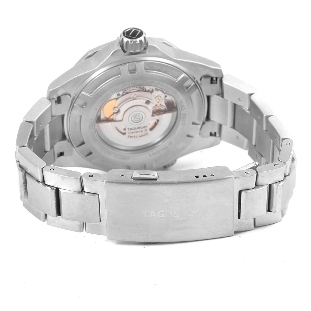 The image shows the back and bracelet clasp of a Tag Heuer Aquaracer WAJ2150 Men's Stainless Steel Black Dial WAJ2150 Men's Stainless Steel Black Dial watch, highlighting the case back and deployment clasp.