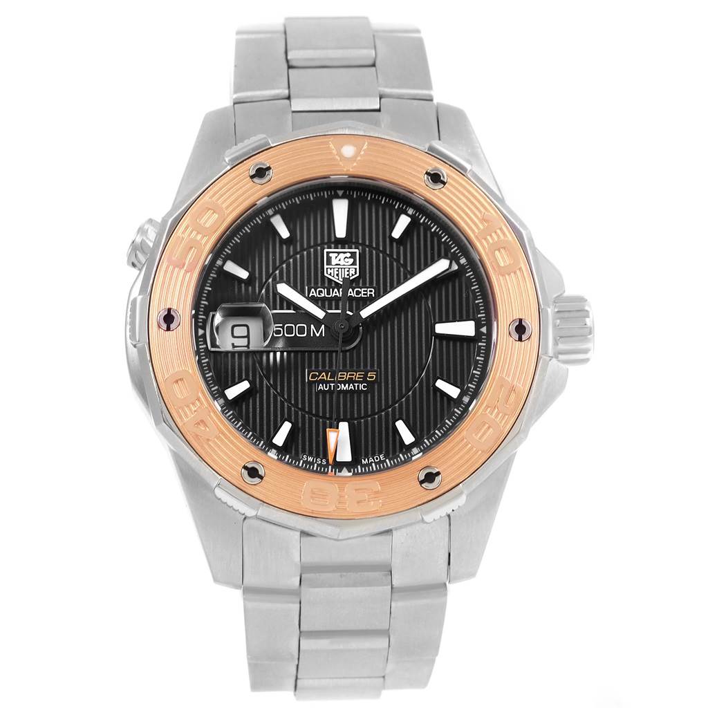 The image shows a front view of a Tag Heuer Aquaracer WAJ2150 Men's Stainless Steel Black Dial WAJ2150 Men's Stainless Steel Black Dial watch, displaying its dial, bezel, and bracelet.