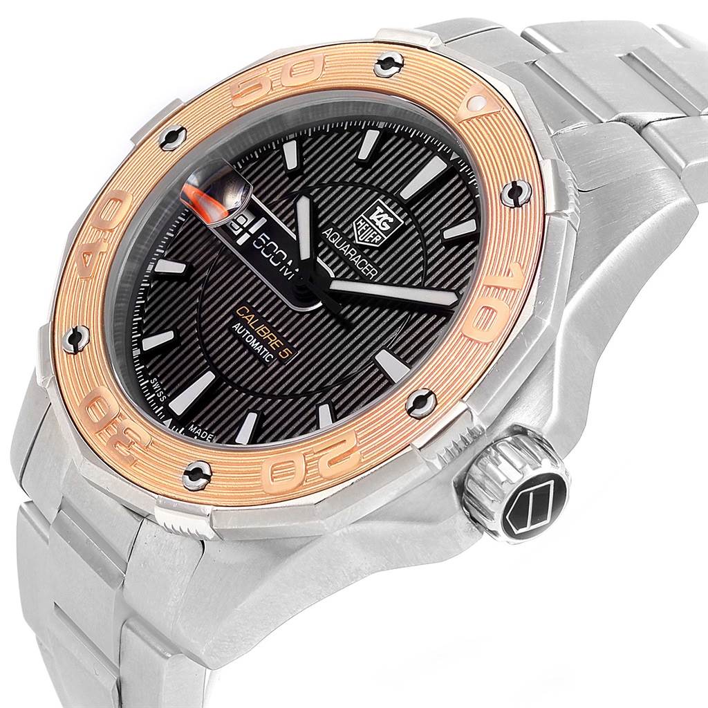 This image shows a close-up, angled view of the Tag Heuer Aquaracer WAJ2150 Men's Stainless Steel Black Dial WAJ2150 Men's Stainless Steel Black Dial watch, highlighting its bezel, dial, and crown.