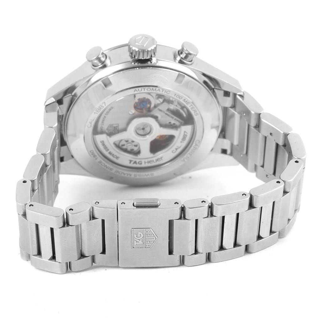This image shows the back and clasp of the Tag Heuer Carrera CAR2012.BA0796 Men's Stainless Steel Silver Dial CAR2012.BA0796 Men's Stainless Steel Silver Dial watch, including its transparent case back and stainless steel bracelet.