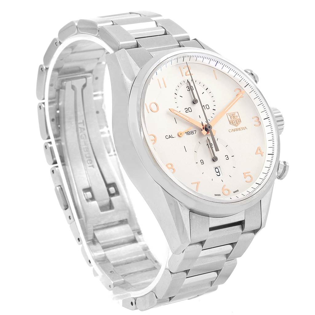 The Tag Heuer Carrera CAR2012.BA0796 Men's Stainless Steel Silver Dial CAR2012.BA0796 Men's Stainless Steel Silver Dial watch is shown at a slight right angle, highlighting the face, bracelet, and crown.