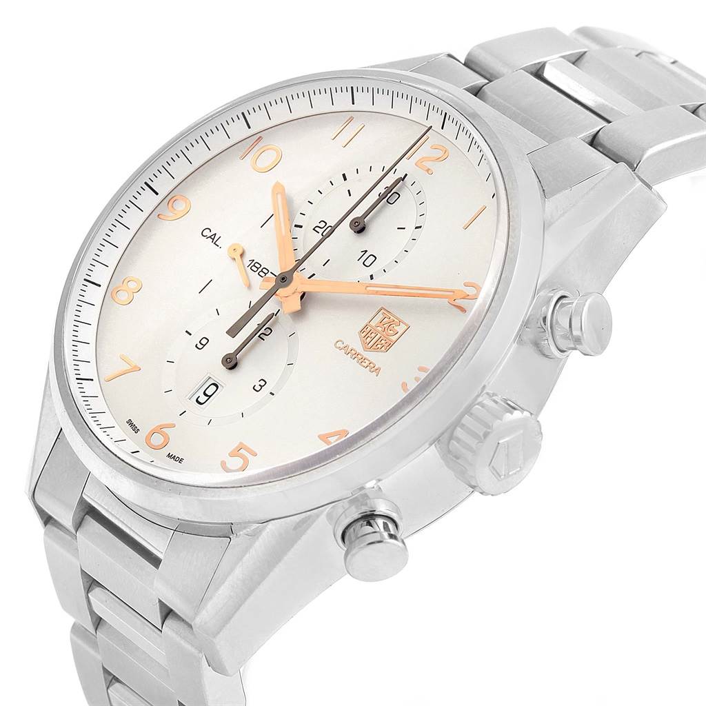 The image shows a close-up side angle of the Tag Heuer Carrera CAR2012.BA0796 Men's Stainless Steel Silver Dial CAR2012.BA0796 Men's Stainless Steel Silver Dial watch, highlighting the dial, crown, pushers, and stainless steel band.