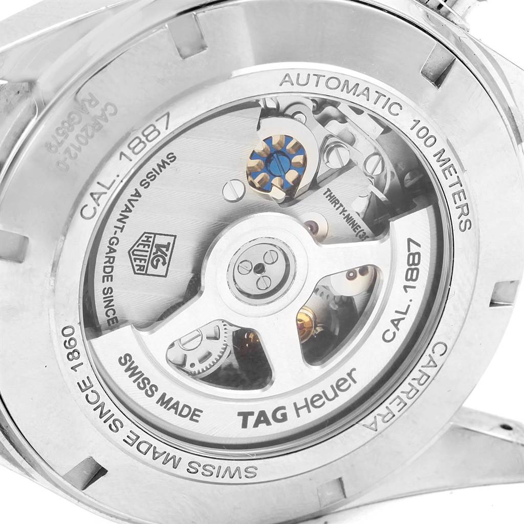 This image shows the back view of a Tag Heuer Carrera CAR2012.BA0796 Men's Stainless Steel Silver Dial CAR2012.BA0796 Men's Stainless Steel Silver Dial watch, revealing its automatic movement and internal mechanisms.
