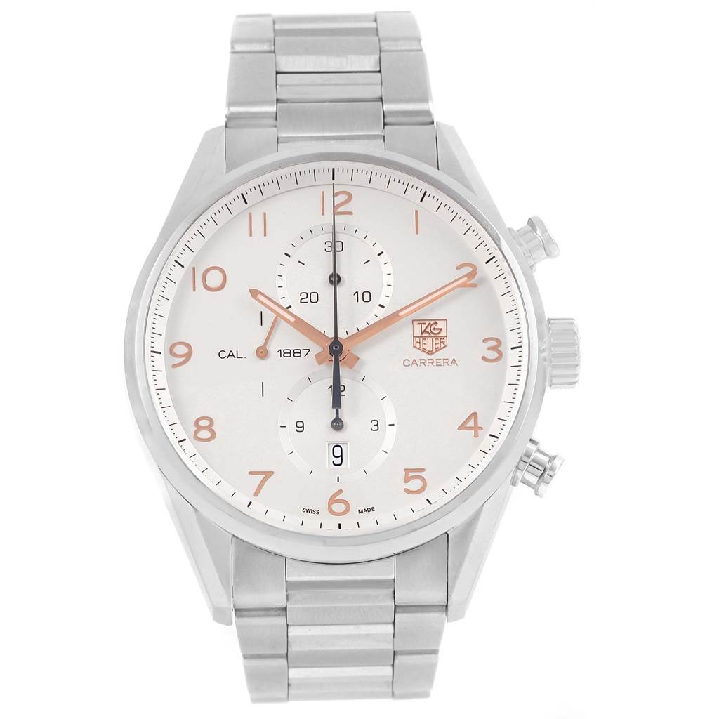 The image shows the face and bracelet of a Tag Heuer Carrera CAR2012.BA0796 Men's Stainless Steel Silver Dial CAR2012.BA0796 Men's Stainless Steel Silver Dial watch from a frontal angle.