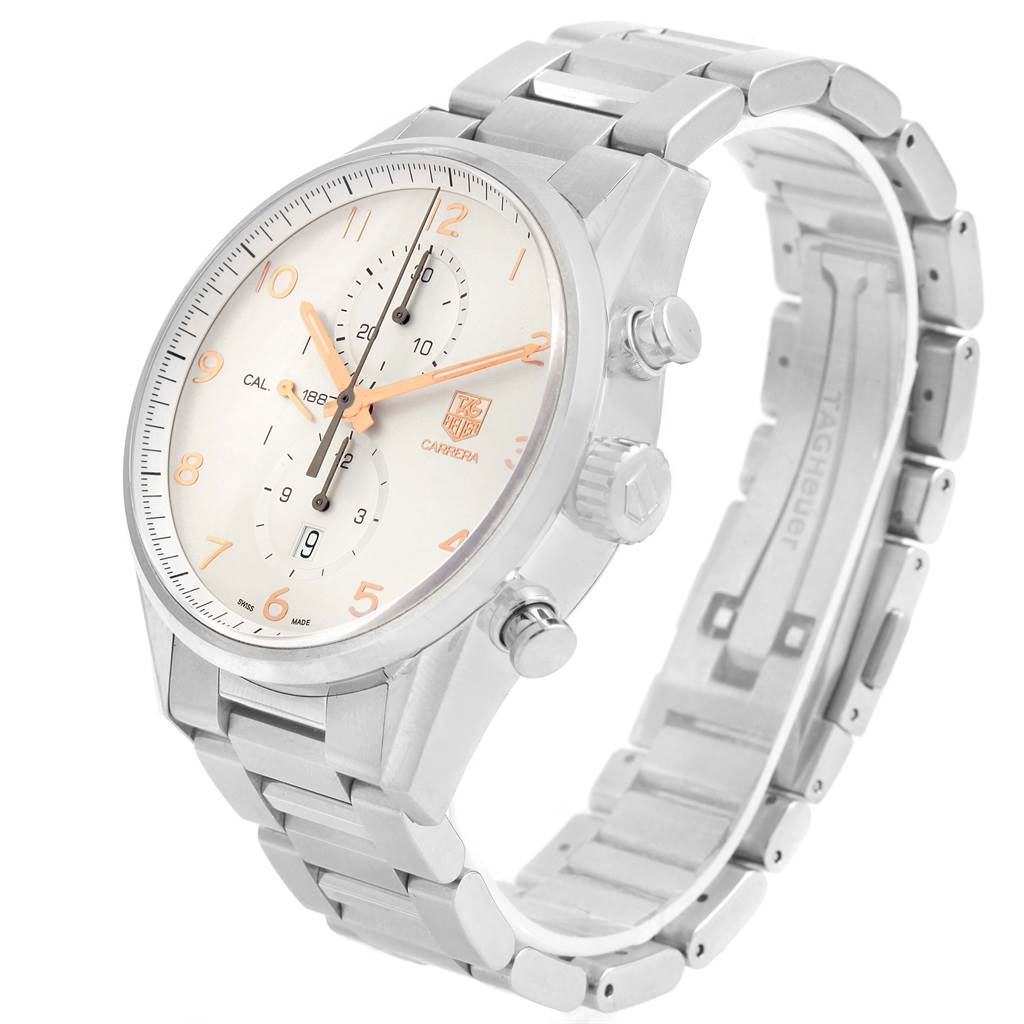 This image shows a Tag Heuer Carrera CAR2012.BA0796 Men's Stainless Steel Silver Dial CAR2012.BA0796 Men's Stainless Steel Silver Dial watch, viewed at a slight angle, displaying the face, bezel, crown, and metal bracelet.