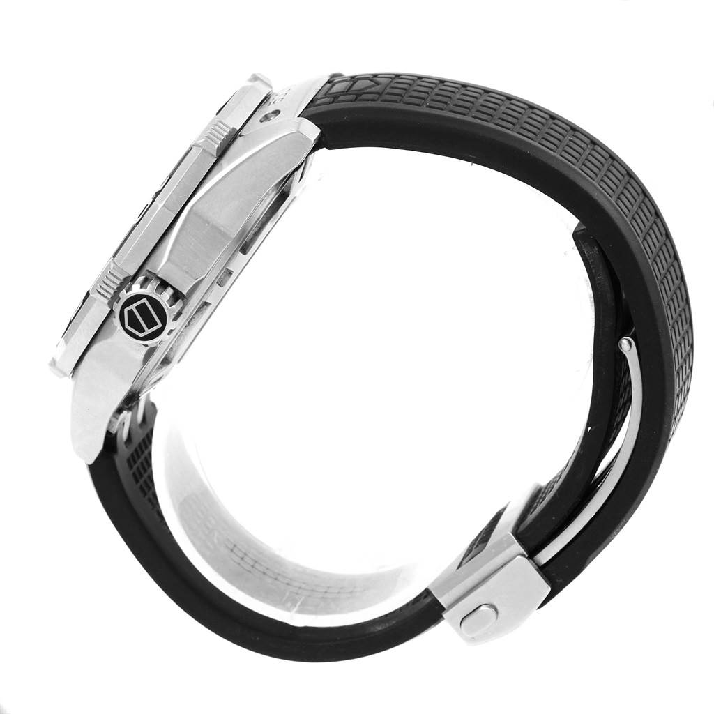 The image shows a side view of the Tag Heuer Aquaracer WAJ2110.FT6015 Men
s Stainless Steel Black Dial WAJ2110.FT6015 Men
s Stainless Steel Black Dial watch, highlighting its crown, bezel, and rubber strap.