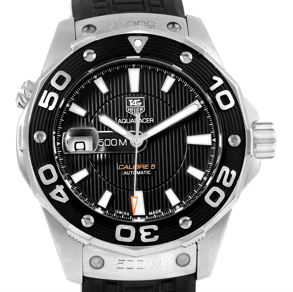 The image shows a front view of the Tag Heuer Aquaracer WAJ2110.FT6015 Men
s Stainless Steel Black Dial WAJ2110.FT6015 Men
s Stainless Steel Black Dial watch, displaying the dial, bezel, crown, and part of the band.