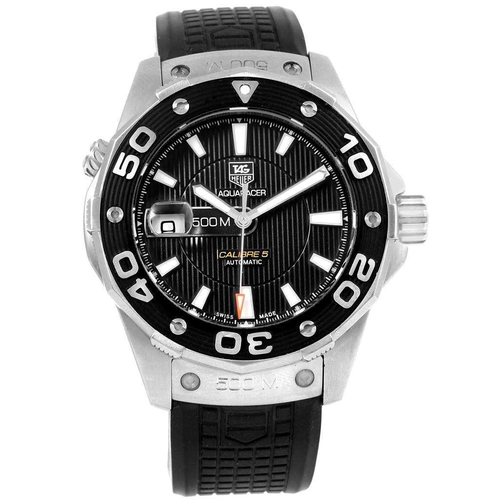 The image shows a front view of a Tag Heuer Aquaracer WAJ2110.FT6015 Men
s Stainless Steel Black Dial WAJ2110.FT6015 Men
s Stainless Steel Black Dial watch, highlighting its bezel, dial, hands, and strap.