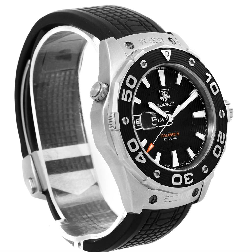 The image shows a Tag Heuer Aquaracer WAJ2110.FT6015 Men
s Stainless Steel Black Dial WAJ2110.FT6015 Men
s Stainless Steel Black Dial watch at a three-quarter angle, displaying its face, bezel, and strap.