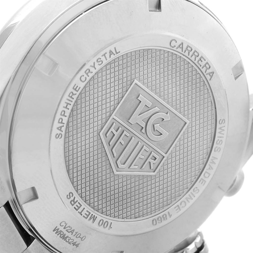 The image shows the back case of the Tag Heuer Carrera CV2A10.BA0796 Men's Stainless Steel Black Dial CV2A10.BA0796 Men's Stainless Steel Black Dial watch at a slight angle, highlighting the engraved details and brand logo.