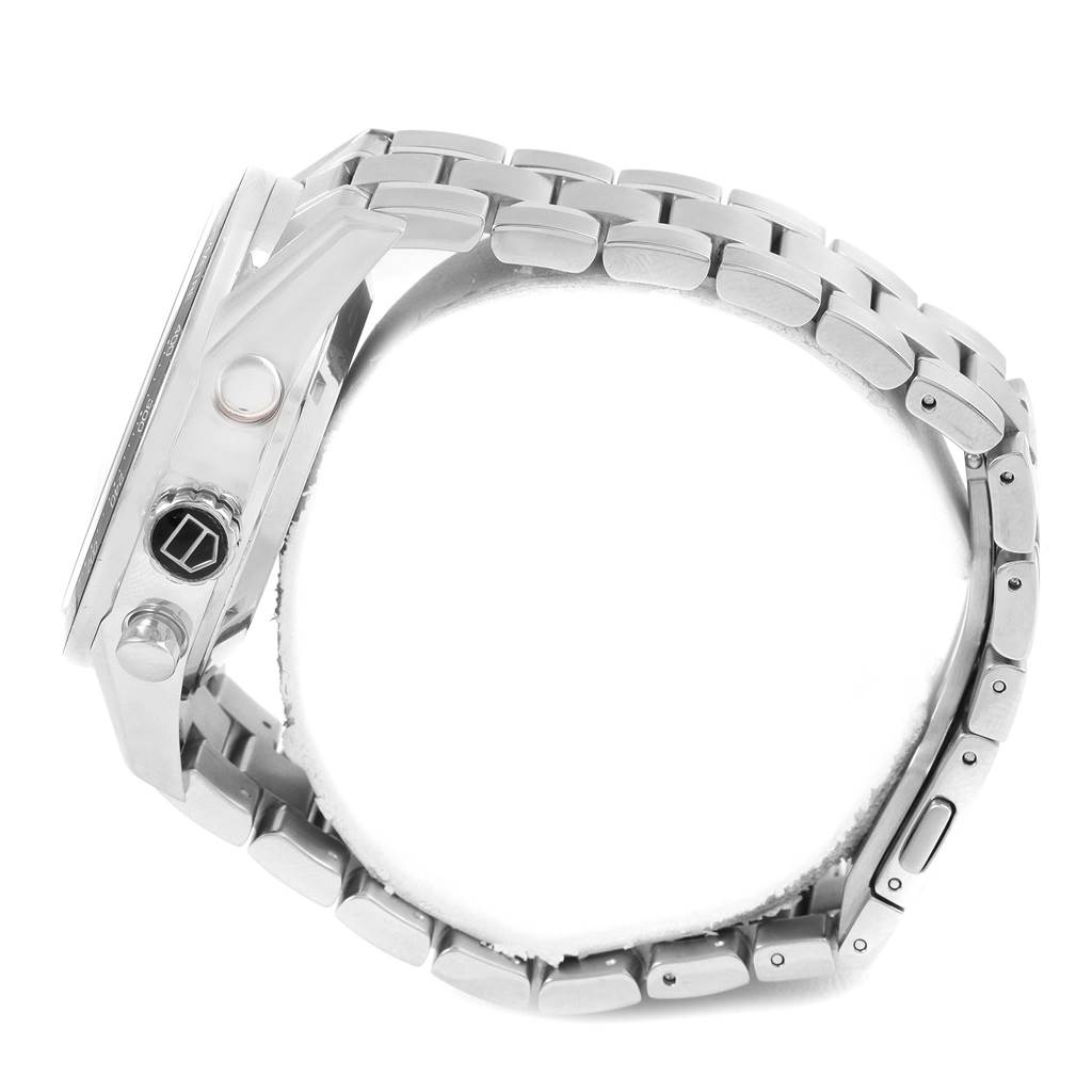 The image shows a side view of the Tag Heuer Carrera CV2A10.BA0796 Men's Stainless Steel Black Dial CV2A10.BA0796 Men's Stainless Steel Black Dial watch, highlighting the case, crown, pushers, and metal bracelet.