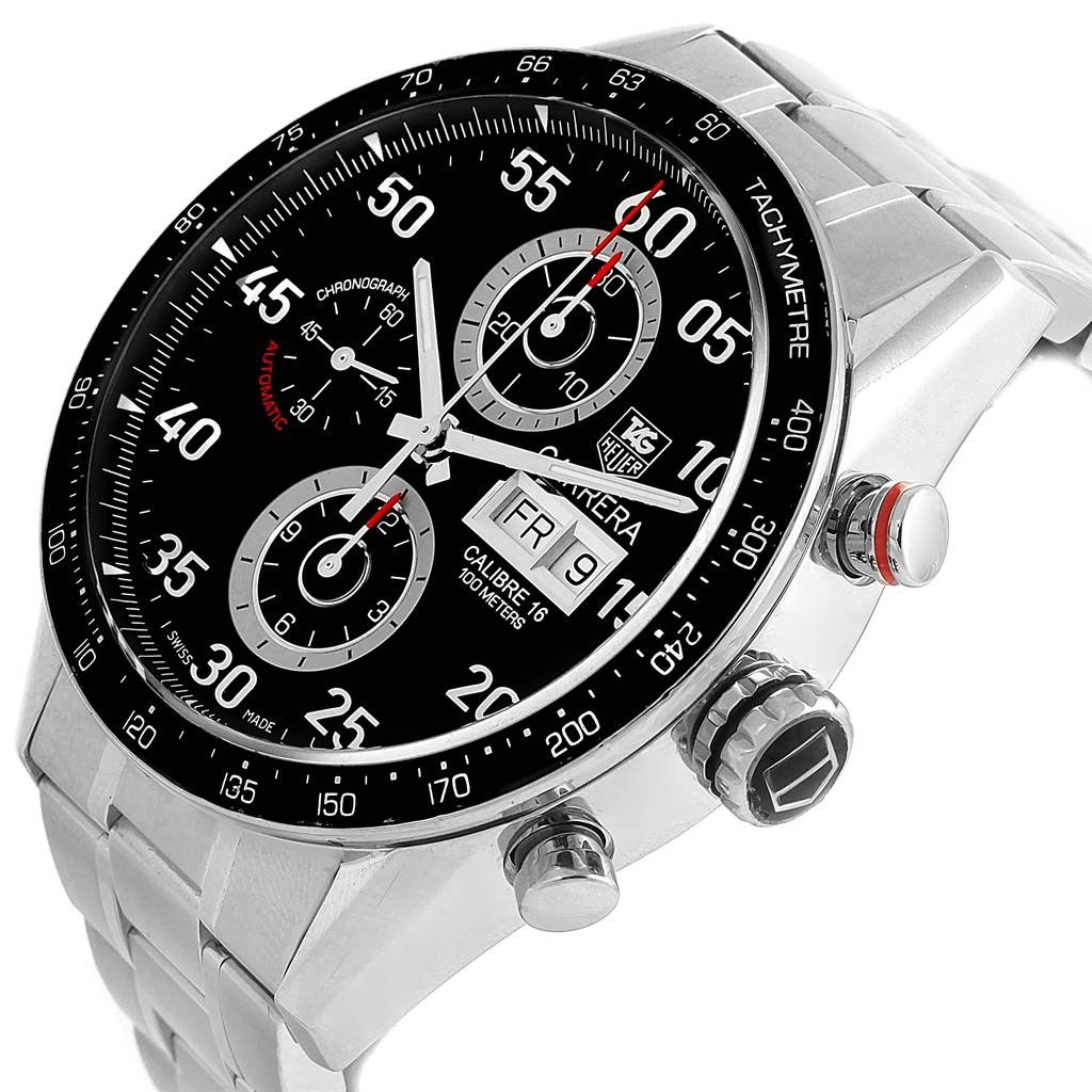 The image shows a side angle view of the Tag Heuer Carrera CV2A10.BA0796 Men's Stainless Steel Black Dial CV2A10.BA0796 Men's Stainless Steel Black Dial watch featuring its black dial, tachymeter bezel, and steel bracelet.