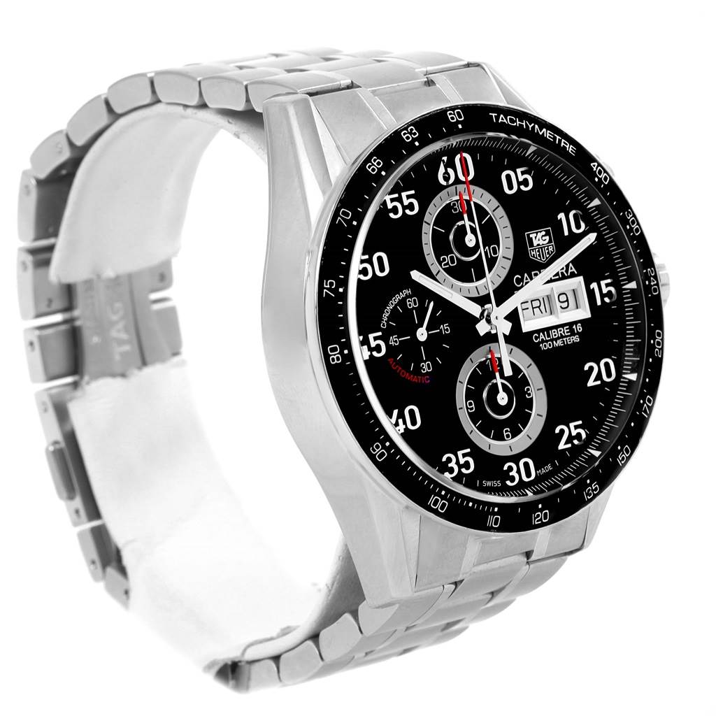 The image shows a Tag Heuer Carrera CV2A10.BA0796 Men's Stainless Steel Black Dial CV2A10.BA0796 Men's Stainless Steel Black Dial watch from a three-quarter angle, highlighting the dial, bracelet, and bezel.