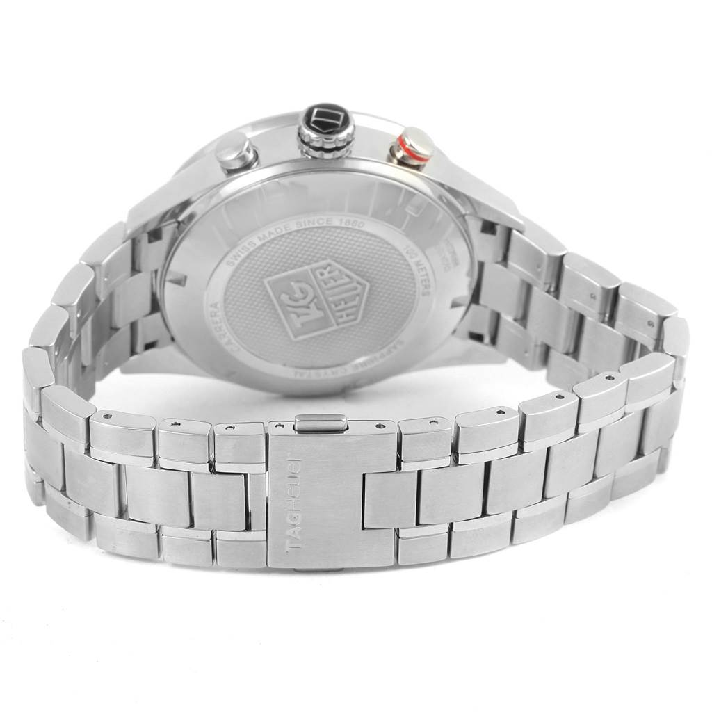 The image shows the back view of a Tag Heuer Carrera CV2A10.BA0796 Men's Stainless Steel Black Dial CV2A10.BA0796 Men's Stainless Steel Black Dial watch, highlighting the case back and the metal bracelet with the clasp.