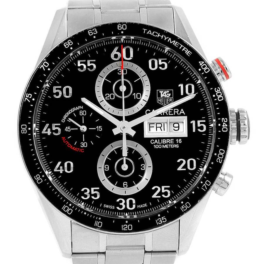 The image shows a front view of the Tag Heuer Carrera watch, displaying its face, bezel, and part of the bracelet.