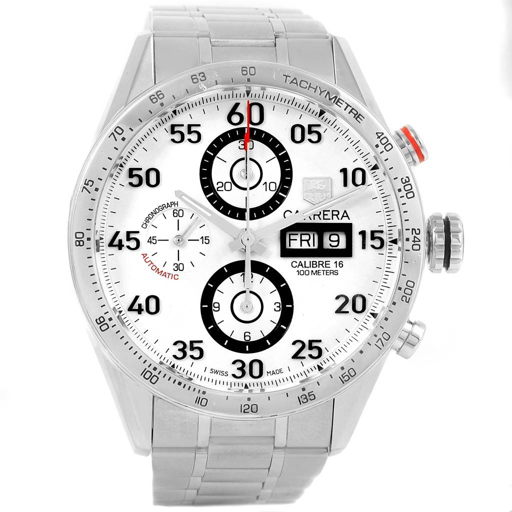 The image shows a front view of a Tag Heuer Carrera CV2A11.BA0796 Men's Stainless Steel Silver Dial CV2A11.BA0796 Men's Stainless Steel Silver Dial watch, highlighting its dial, bezel, crown, and bracelet.