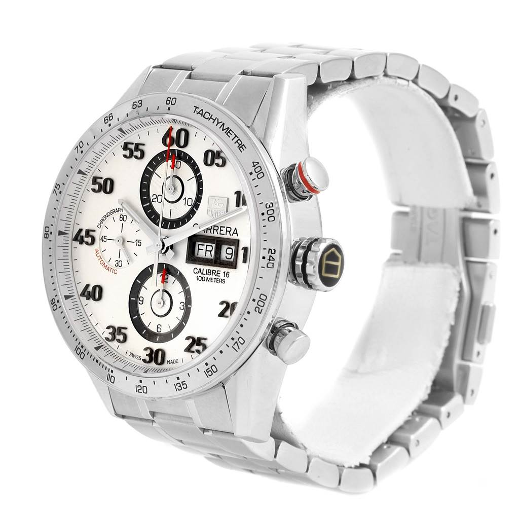 The image shows a Tag Heuer Carrera CV2A11.BA0796 Men's Stainless Steel Silver Dial CV2A11.BA0796 Men's Stainless Steel Silver Dial watch at a three-quarter angle, highlighting the dial, chronograph sub-dials, and bracelet.