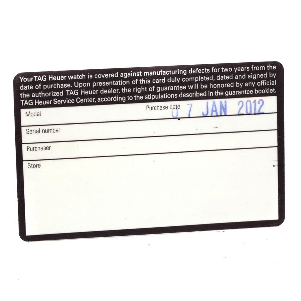 This is a Tag Heuer Carrera CV2A11.BA0796 Men's Stainless Steel Silver Dial CV2A11.BA0796 Men's Stainless Steel Silver Dial warranty card showing fields for model, serial number, purchaser, store, and purchase date (7 Jan 2012).