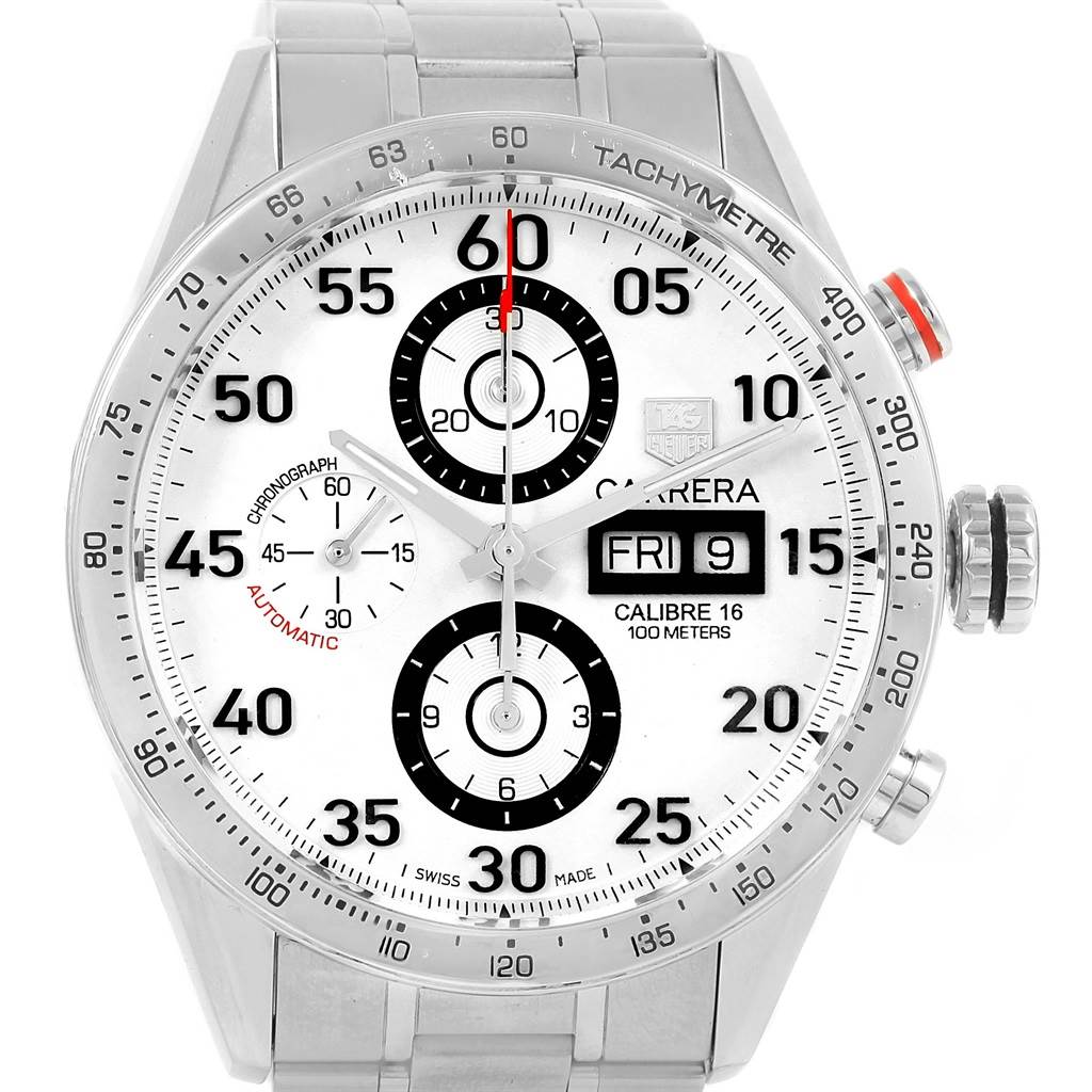 The image shows a frontal view of the Tag Heuer Carrera CV2A11.BA0796 Men's Stainless Steel Silver Dial CV2A11.BA0796 Men's Stainless Steel Silver Dial watch, highlighting its chronograph dials and date display.