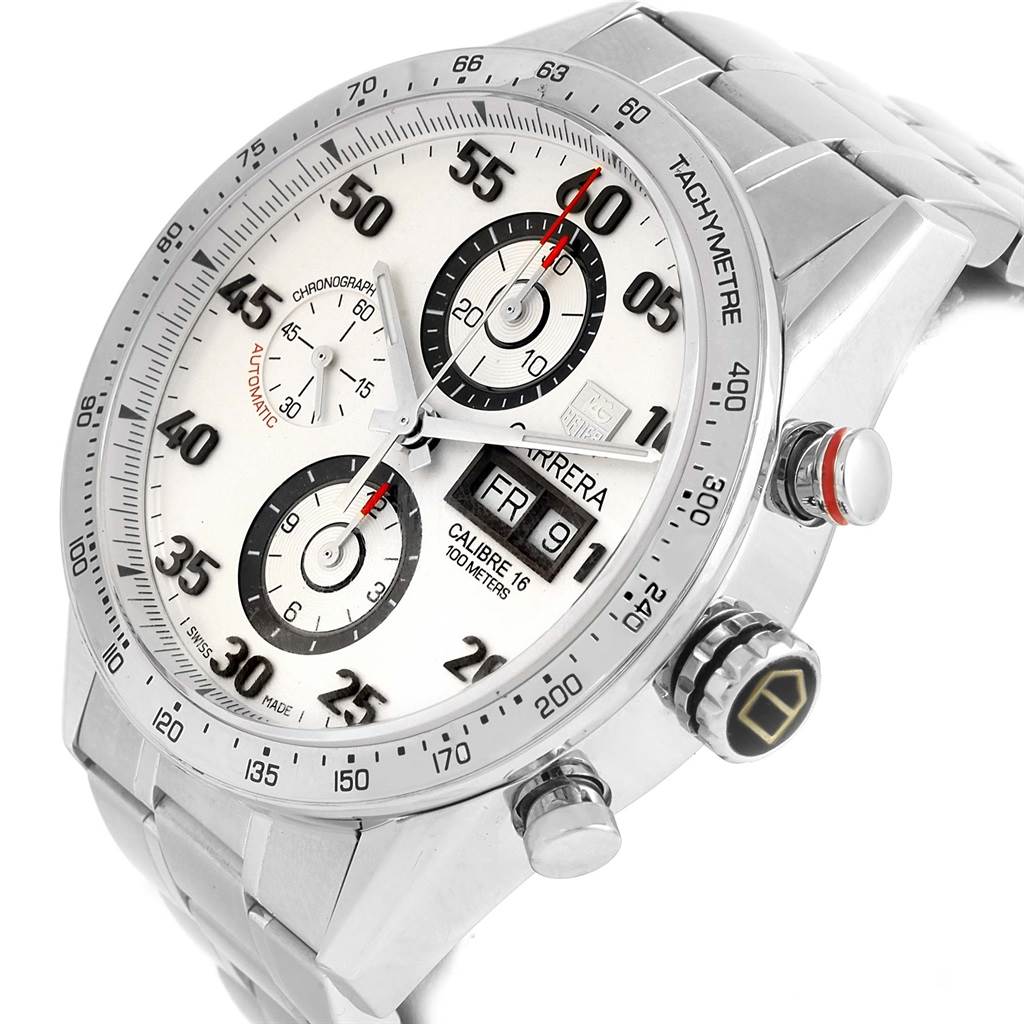 The Tag Heuer Carrera CV2A11.BA0796 Men's Stainless Steel Silver Dial CV2A11.BA0796 Men's Stainless Steel Silver Dial watch is shown at a front angle, highlighting its dial, chronograph subdials, date display, and bezel.