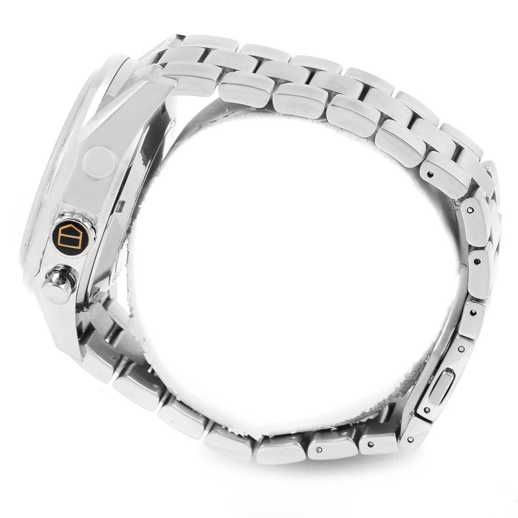 The image shows a side view of a Tag Heuer Carrera CV2A11.BA0796 Men's Stainless Steel Silver Dial CV2A11.BA0796 Men's Stainless Steel Silver Dial watch focusing on the bracelet and crown.