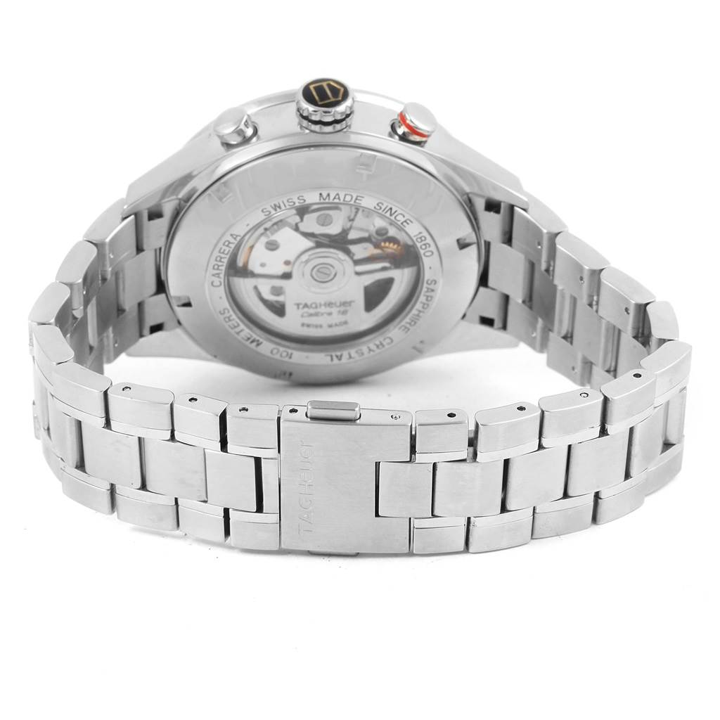 The image displays the back of a Tag Heuer Carrera CV2A11.BA0796 Men's Stainless Steel Silver Dial CV2A11.BA0796 Men's Stainless Steel Silver Dial watch, showing the movement through a transparent case back and a metal bracelet.