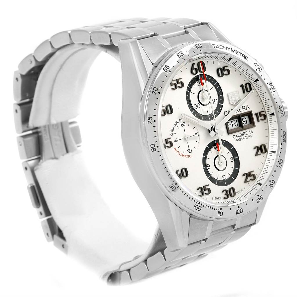 The photo shows the Tag Heuer Carrera CV2A11.BA0796 Men's Stainless Steel Silver Dial CV2A11.BA0796 Men's Stainless Steel Silver Dial watch at a side angle highlighting its face, bezel, and metal bracelet.