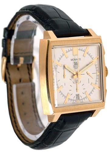 This image shows a side and front angle of the Tag Heuer Monaco CW5140 Men's Yellow Gold Silver Dial CW5140 Men's Yellow Gold Silver Dial watch, highlighting its square case, dial, and strap.