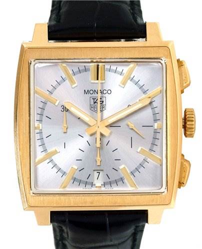 The image shows a front view of the Tag Heuer Monaco CW5140 Men's Yellow Gold Silver Dial CW5140 Men's Yellow Gold Silver Dial watch, highlighting its square face, gold case, and black leather strap.